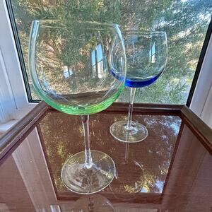Vintage Color Base Balloon Wine Glasses Green Blue Stemware Pair